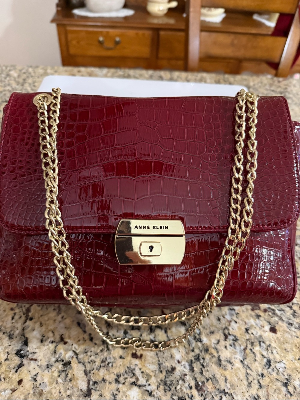 Anne Klein Burgundy Croc-Embossed Chain Crossbody Bag